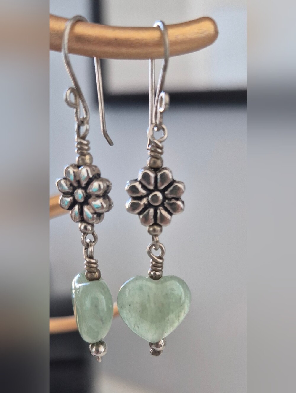 Silver Flower Earrings with Green Heart Drops